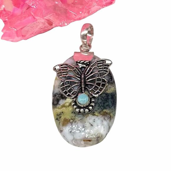 Jewelry - Dendritic Opal & Larimar Butterfly Necklace Pendant 925 Sterling Silver Overlay